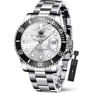 Olevs Men's Silver  Luxury Watches Stainless Steel Quartz Waterproof Luminous